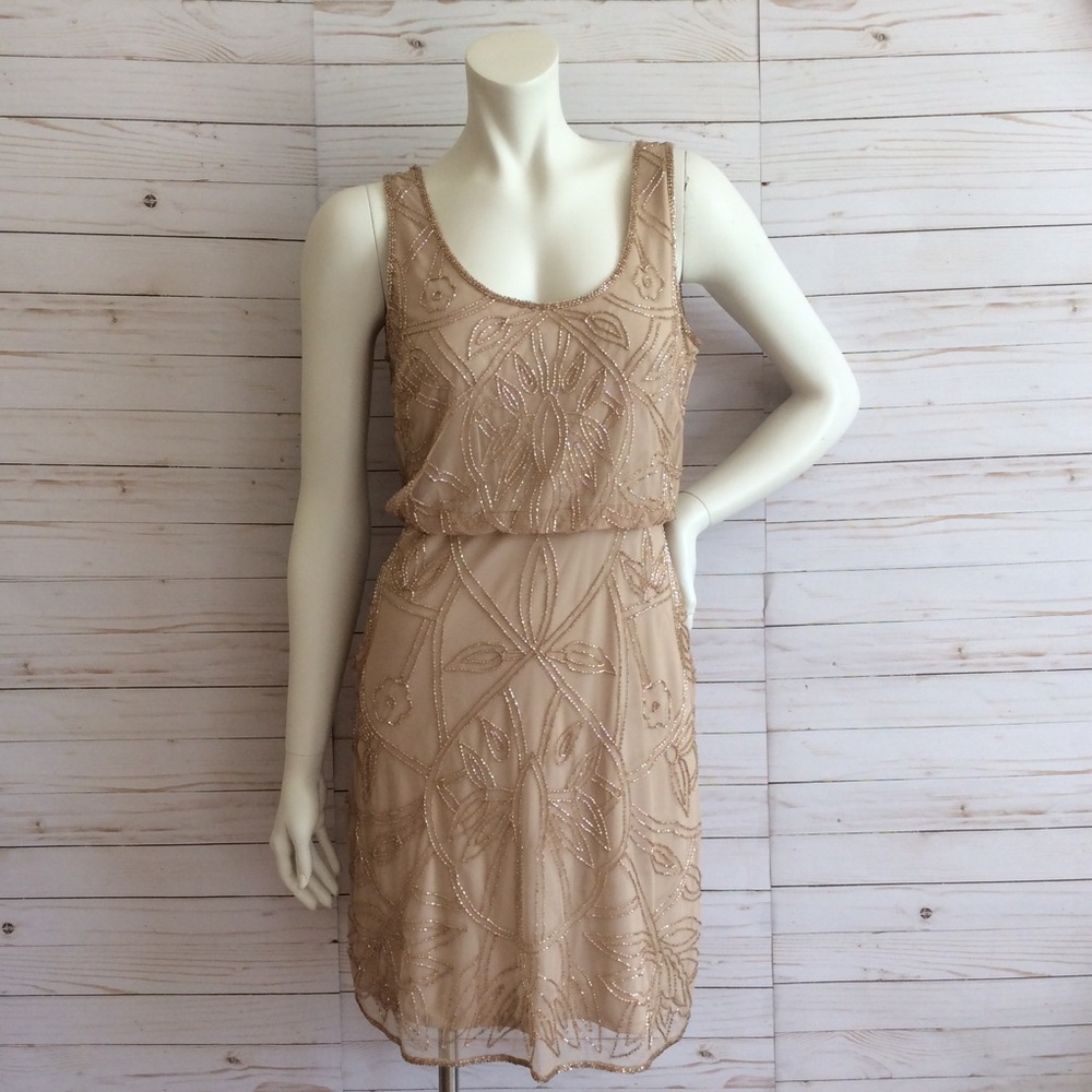 Adrianna Papell Beige Beaded Wedding Mini Dress